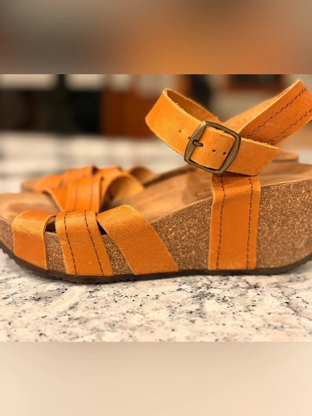 Women’s Leather Cognac Wedge Sandals with Ankle Strap, Uma, Sz 37
